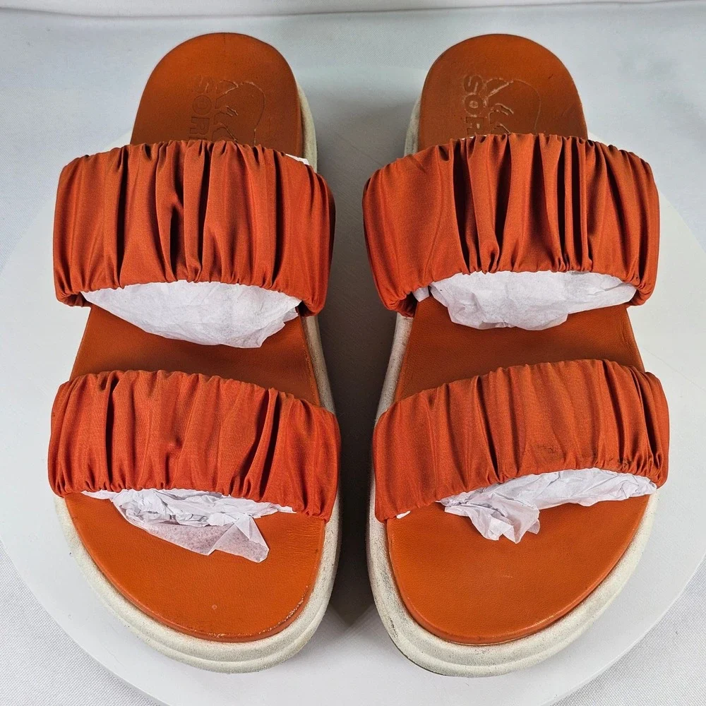 Sorel Kinetic Impact II‎ Slide Orange Ruched Platform Sandals NL471 Womens 8.5